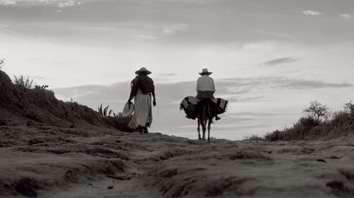 Foto en blanco y negro de una mujer y un hombre a caballo alejándose por un camino de tierra al atardecer, en un paisaje árido